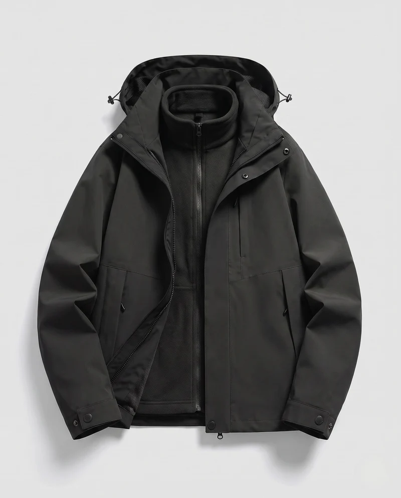 Unisex wasserdichte Softshell-Allwetterjacke mit herausnehmbarer Fleece-Innenjacke und Kapuze