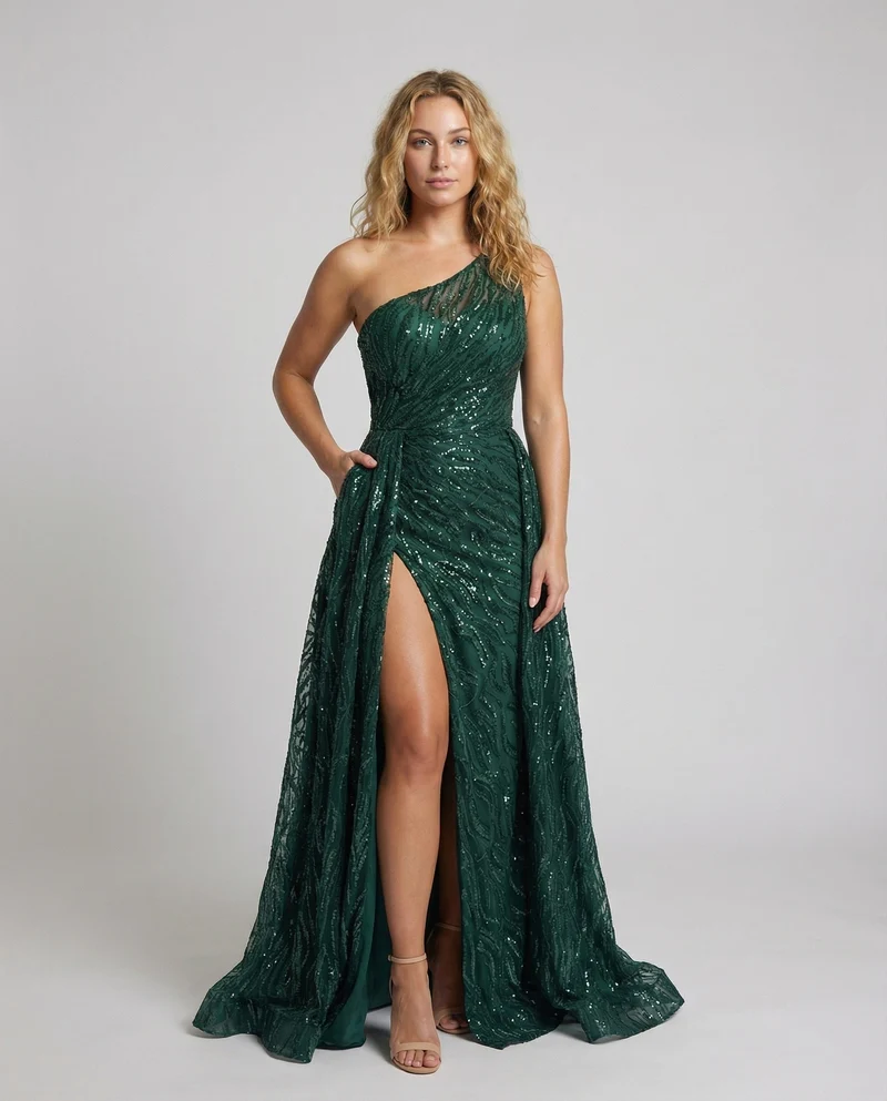Damen Ein-Schulter Glitzerkleid Korsett-Optik Beinschlitz - Vittorelli