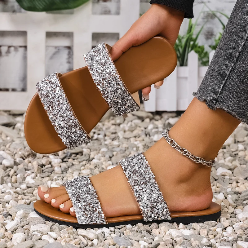 Damen Glitzernde Slides mit breiten Riemen