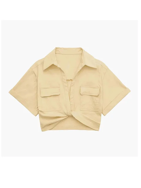 Damen Vintage Kurzarm Leinen Crop Shirt