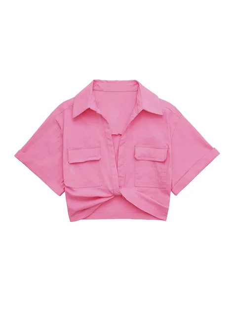 Damen Vintage Kurzarm Leinen Crop Shirt