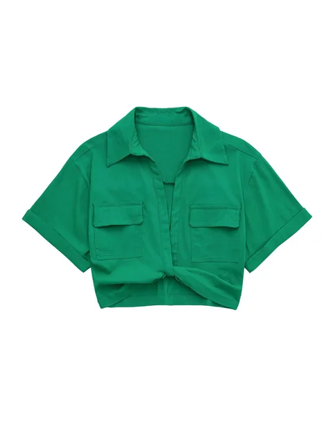 Damen Vintage Kurzarm Leinen Crop Shirt