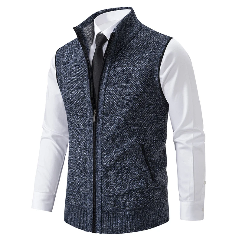Herren Slim-Fit Ärmellose Strukturstrickweste mit Stehkragen und Frontreißverschluss Nord Taschen