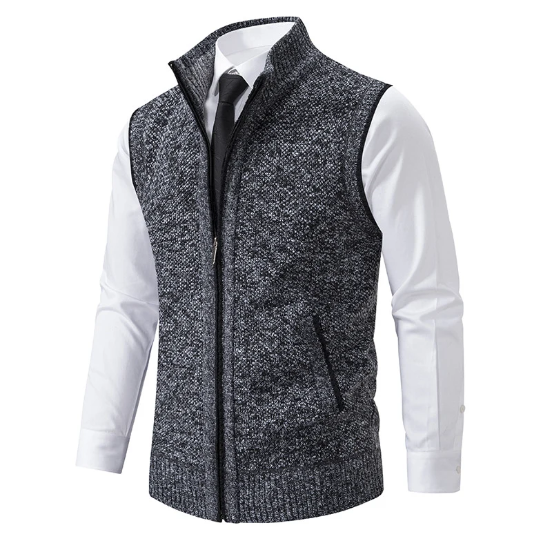 Herren Slim-Fit Ärmellose Strukturstrickweste mit Stehkragen und Frontreißverschluss Nord Taschen