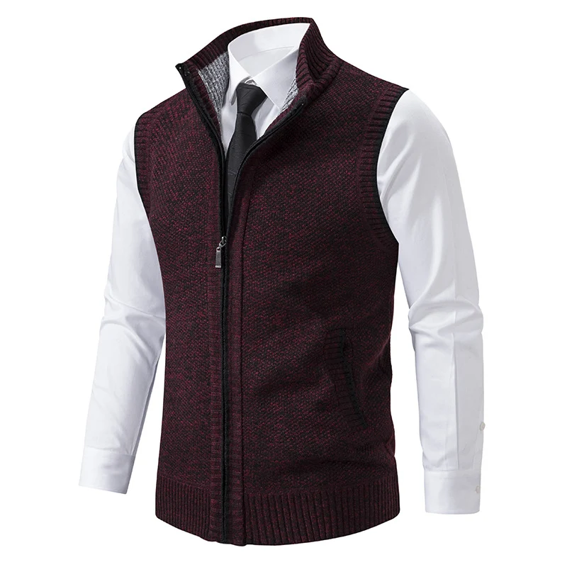 Herren Slim-Fit Ärmellose Strukturstrickweste mit Stehkragen und Frontreißverschluss Nord Taschen