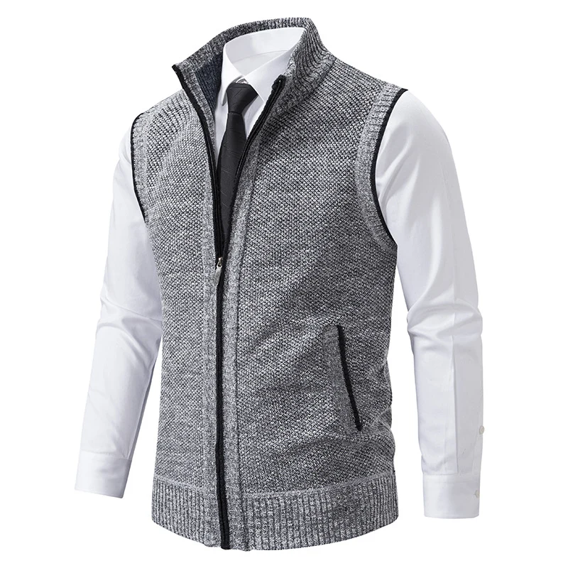 Herren Slim-Fit Ärmellose Strukturstrickweste mit Stehkragen und Frontreißverschluss Nord Taschen