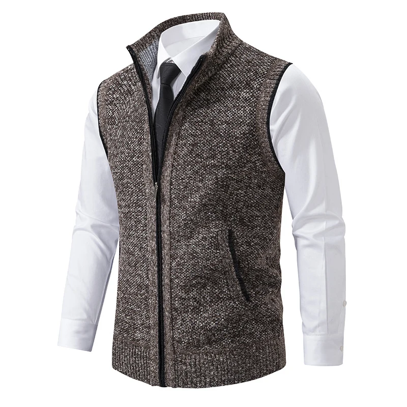Herren Slim-Fit Ärmellose Strukturstrickweste mit Stehkragen und Frontreißverschluss Nord Taschen