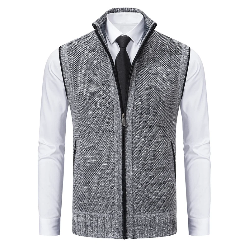 Herren Slim-Fit Ärmellose Strukturstrickweste mit Stehkragen und Frontreißverschluss Nord Taschen