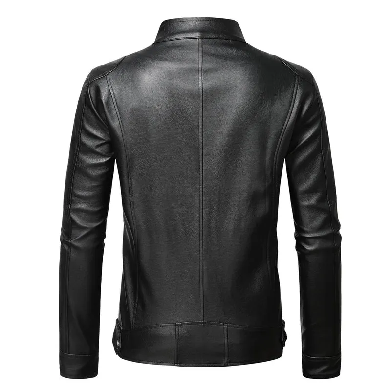 Herren Schmale Lederjacke im Urban-Bikerstil mit Stehkragen und Brust-Reißverschlusstaschen Nord Taschen