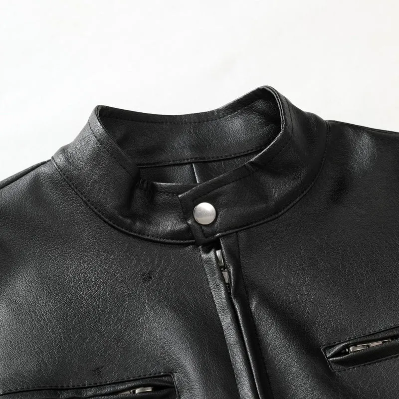 Herren Schmale Lederjacke im Urban-Bikerstil mit Stehkragen und Brust-Reißverschlusstaschen Nord Taschen