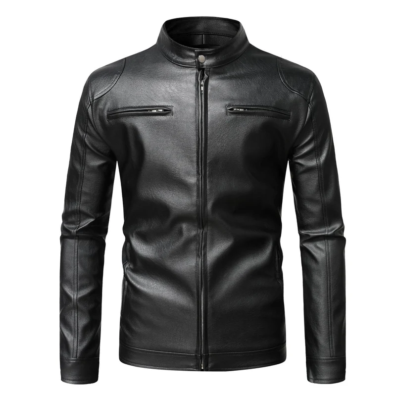 Herren Schmale Lederjacke im Urban-Bikerstil mit Stehkragen und Brust-Reißverschlusstaschen Nord Taschen