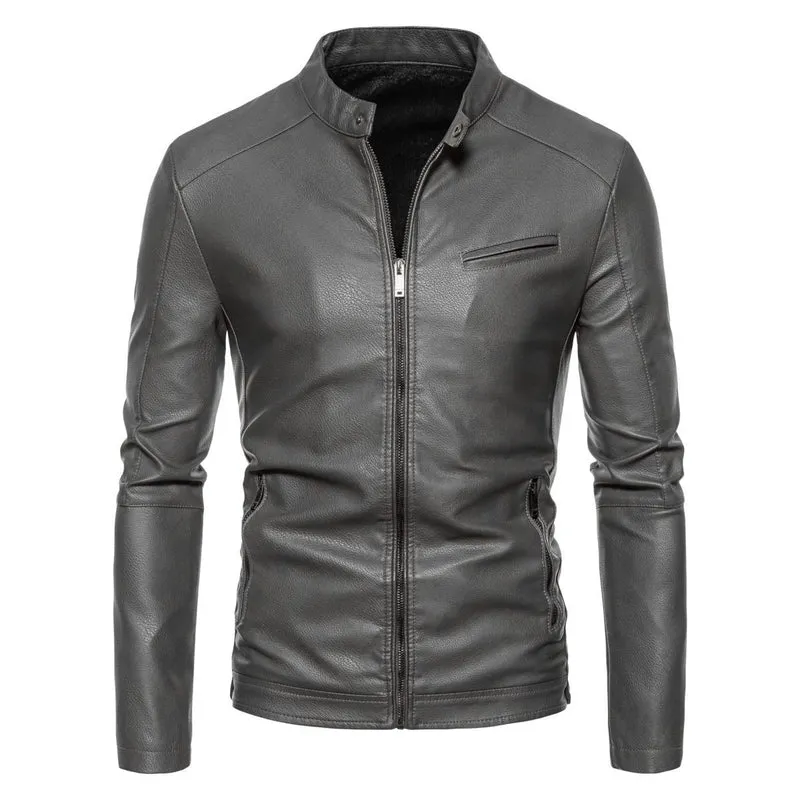 Herren Schmale Kunstleder-Bikerjacke mit Stehkragen, Innenfutter aus Kunstfell und Reißverschlusstaschen Nord Taschen