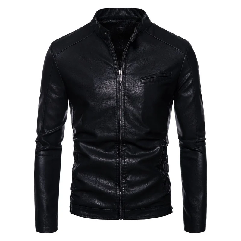 Herren Schmale Kunstleder-Bikerjacke mit Stehkragen, Innenfutter aus Kunstfell und Reißverschlusstaschen Nord Taschen