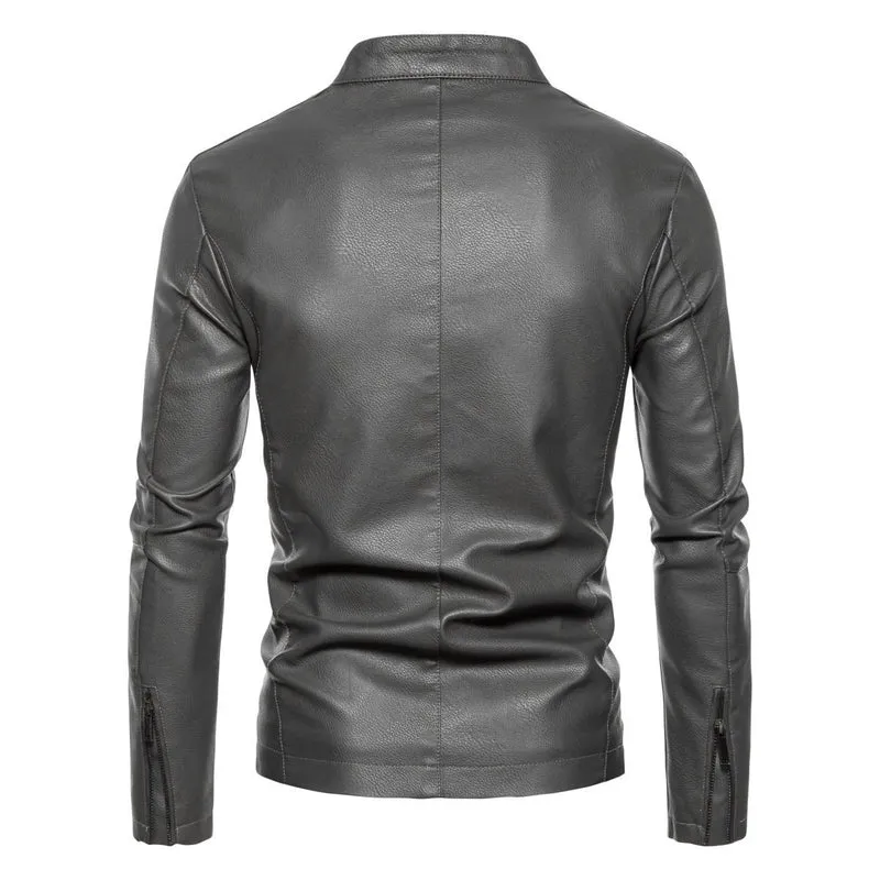 Herren Schmale Kunstleder-Bikerjacke mit Stehkragen, Innenfutter aus Kunstfell und Reißverschlusstaschen Nord Taschen
