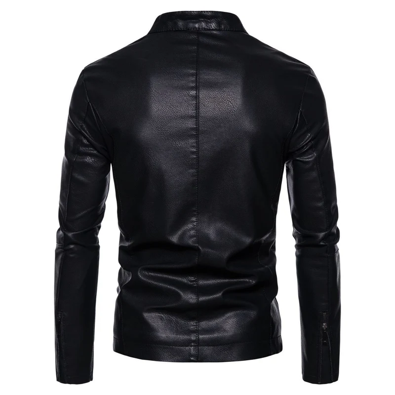 Herren Schmale Kunstleder-Bikerjacke mit Stehkragen, Innenfutter aus Kunstfell und Reißverschlusstaschen Nord Taschen