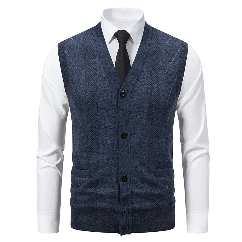 Herren Taillierte Feinstrick‑Weste mit V‑Ausschnitt, Knopfleiste und Eingrifftaschen Nord Taschen