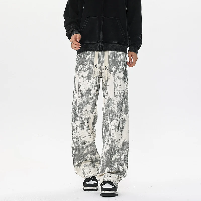 Herren Weit geschnittene Loungehose mit abstraktem Allover‑Print, elastischem Bund und Tunnelzug Nord Taschen