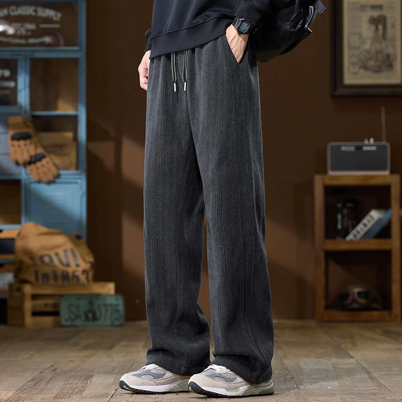 Herren Weit geschnittene Lounge-Hose aus geripptem Strukturstoff mit elastischem Bund und Tunnelzug Nord Taschen