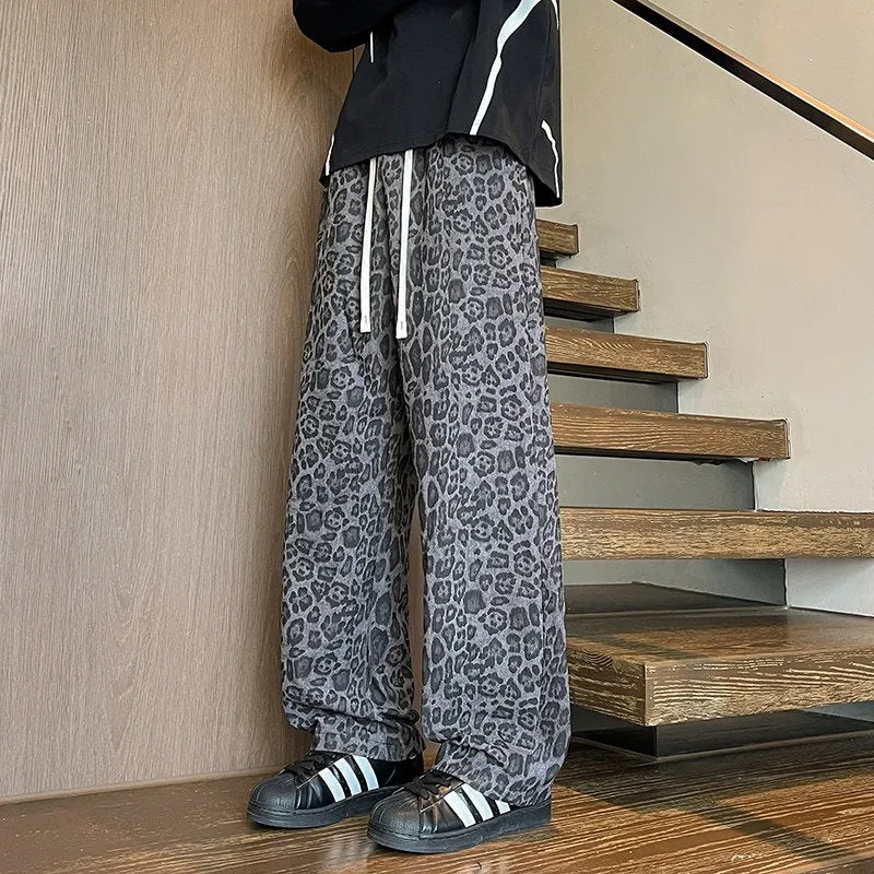 Herren Weit geschnittene Leoprint-Hose aus leichtem Viskose-Mix mit Kordelzug Nord Taschen