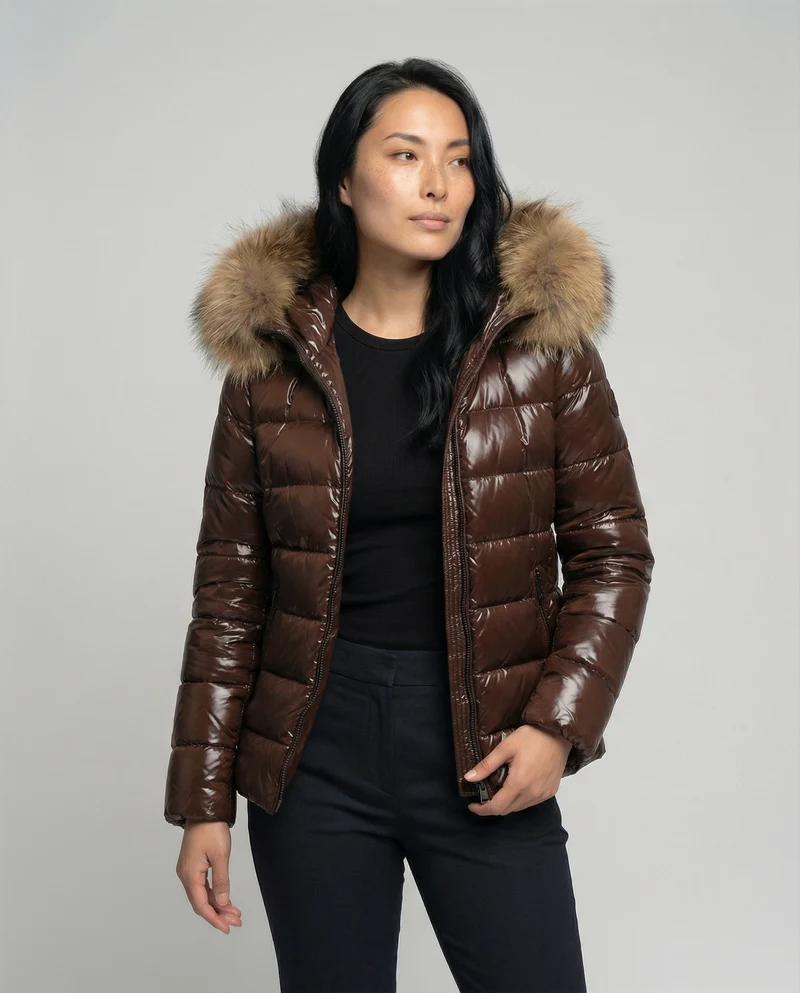 Damen Winterdaunenjacke mit abnehmbarer Kapuze und luxuriösem Fellkragen