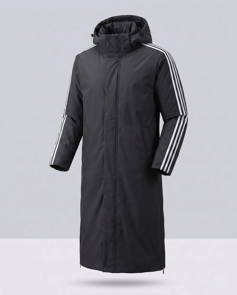 Unisex längerer gesteppter Winterparka mit Kapuze und sportlichen Ärmelstreifen