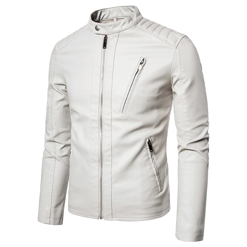 Herren Schlanke Kunstleder-Bikerjacke mit Stehkragen, Steppeinsätzen und Reißverschlusstaschen Nord Taschen