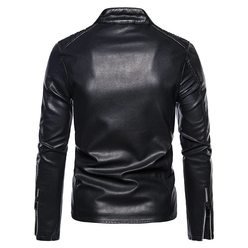 Herren Schlanke Kunstleder-Bikerjacke mit Stehkragen, Steppeinsätzen und Reißverschlusstaschen Nord Taschen