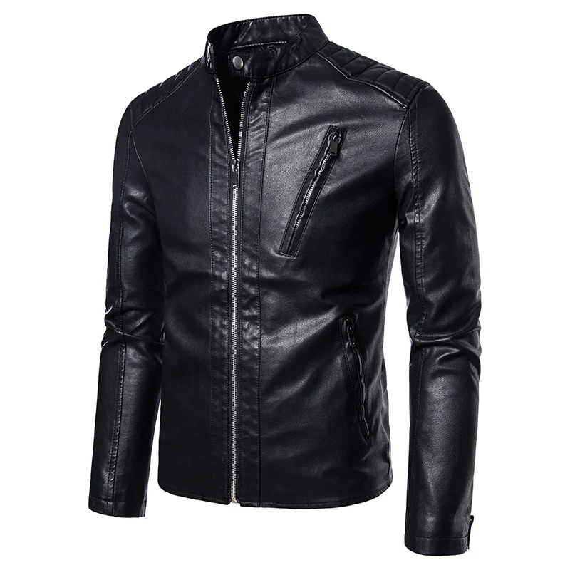 Herren Schlanke Kunstleder-Bikerjacke mit Stehkragen, Steppeinsätzen und Reißverschlusstaschen Nord Taschen