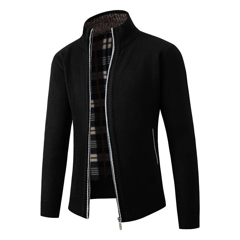 Herren Strukturiertes Zip-Strickjacke mit Karo‑Fleece‑Futter und Stehkragen Nord Taschen