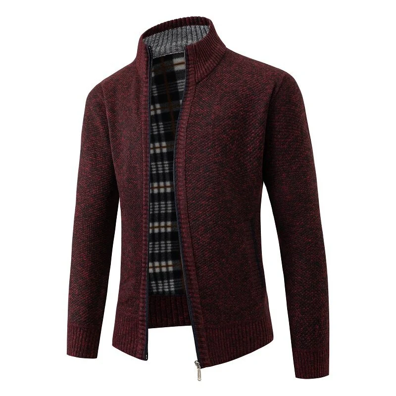 Herren Strukturiertes Zip-Strickjacke mit Karo‑Fleece‑Futter und Stehkragen Nord Taschen