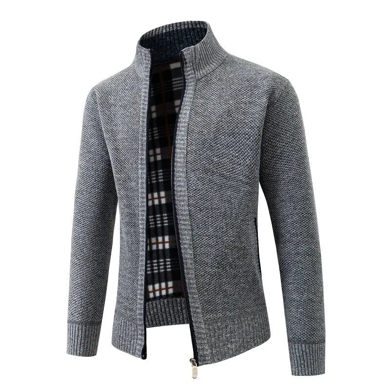 Herren Strukturiertes Zip-Strickjacke mit Karo‑Fleece‑Futter und Stehkragen Nord Taschen