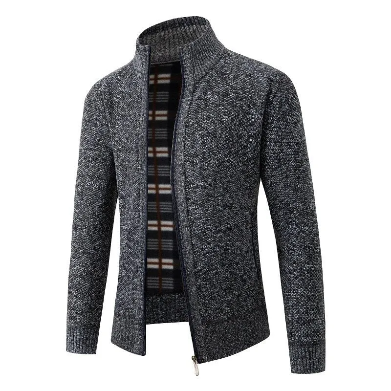 Herren Strukturiertes Zip-Strickjacke mit Karo‑Fleece‑Futter und Stehkragen Nord Taschen