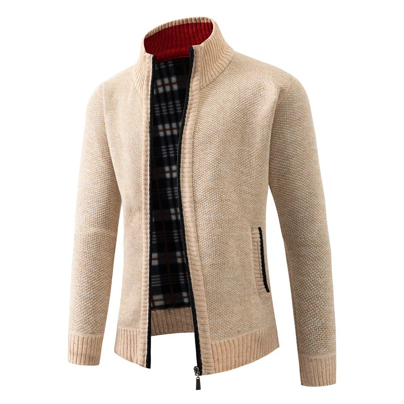 Herren Strukturiertes Zip-Strickjacke mit Karo‑Fleece‑Futter und Stehkragen Nord Taschen