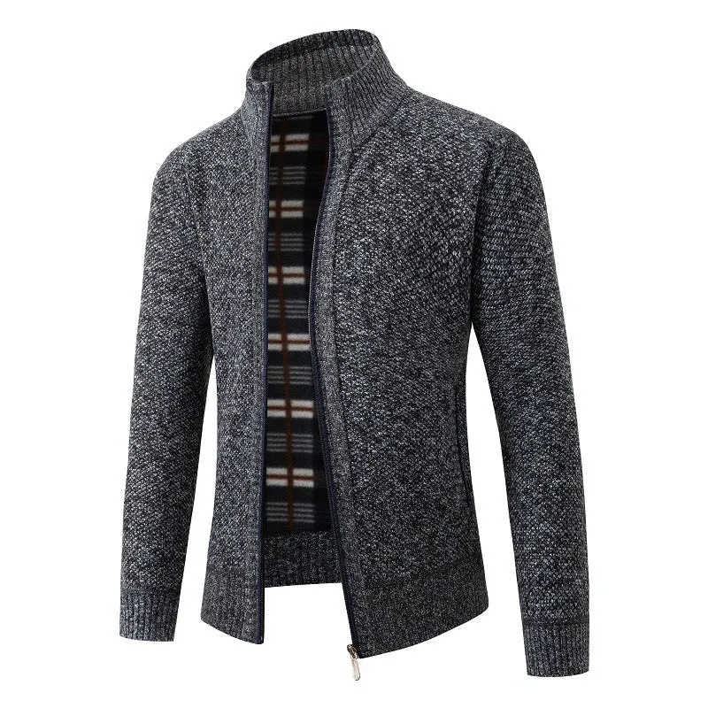 Herren Strukturiertes Zip-Strickjacke mit Karo‑Fleece‑Futter und Stehkragen Nord Taschen
