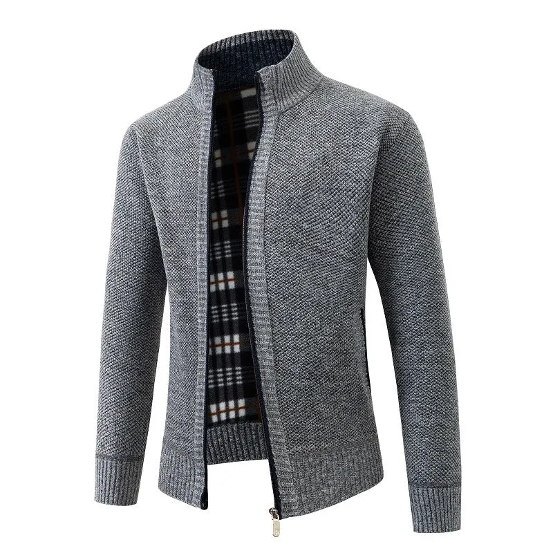 Herren Strukturiertes Zip-Strickjacke mit Karo‑Fleece‑Futter und Stehkragen Nord Taschen