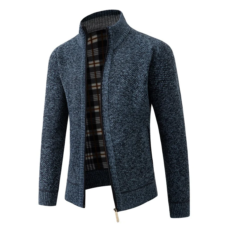 Herren Strukturiertes Zip-Strickjacke mit Karo‑Fleece‑Futter und Stehkragen Nord Taschen
