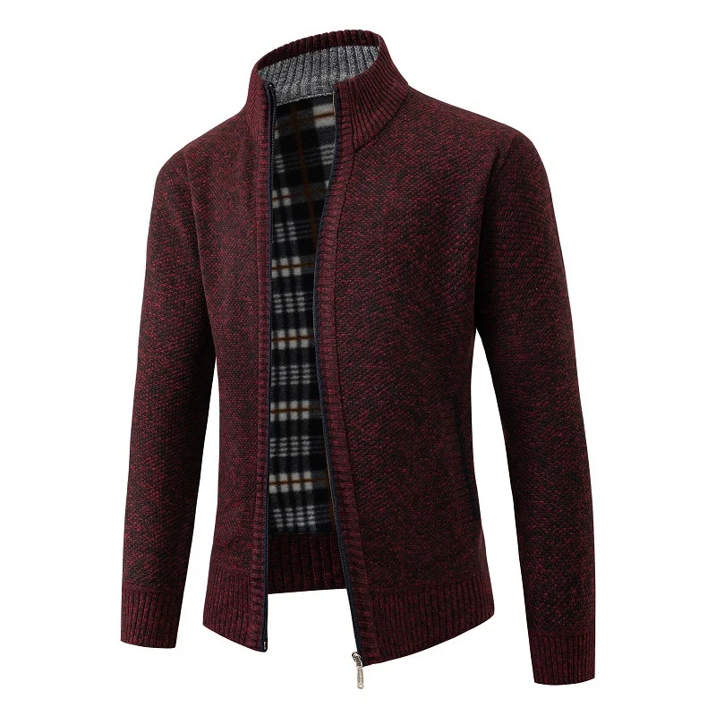 Herren Strukturiertes Zip-Strickjacke mit Karo‑Fleece‑Futter und Stehkragen Nord Taschen