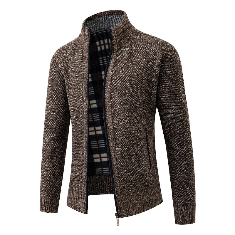 Herren Strukturiertes Zip-Strickjacke mit Karo‑Fleece‑Futter und Stehkragen Nord Taschen