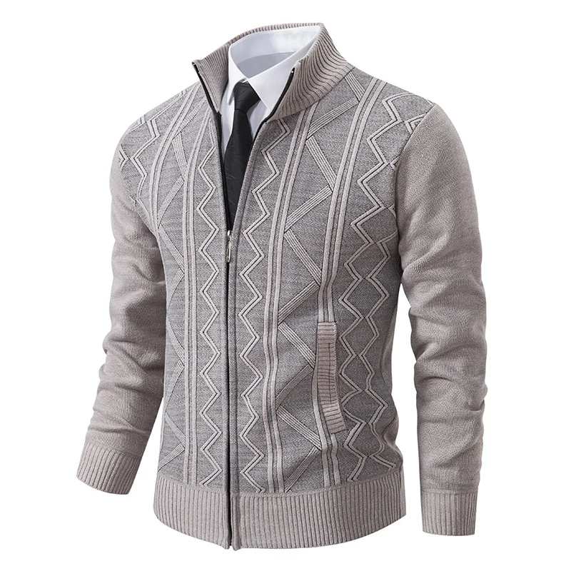 Herren Strukturiertes Feinstrick-Zipcardigan mit Stehkragen und geometrischem Zopfmuster Nord Taschen