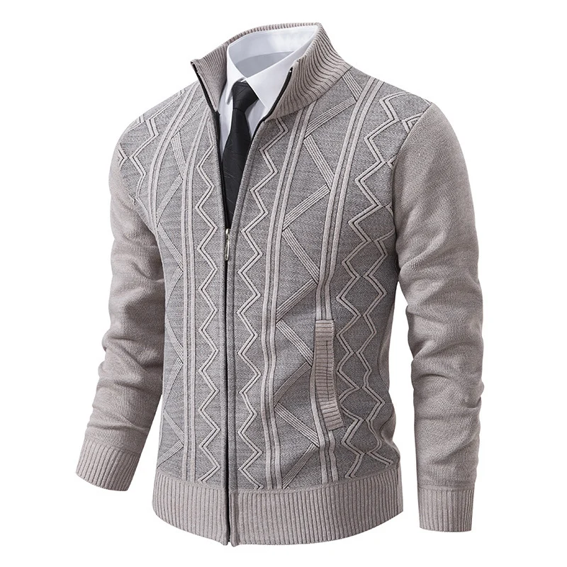Herren Strukturiertes Feinstrick-Zipcardigan mit Stehkragen und geometrischem Zopfmuster Nord Taschen