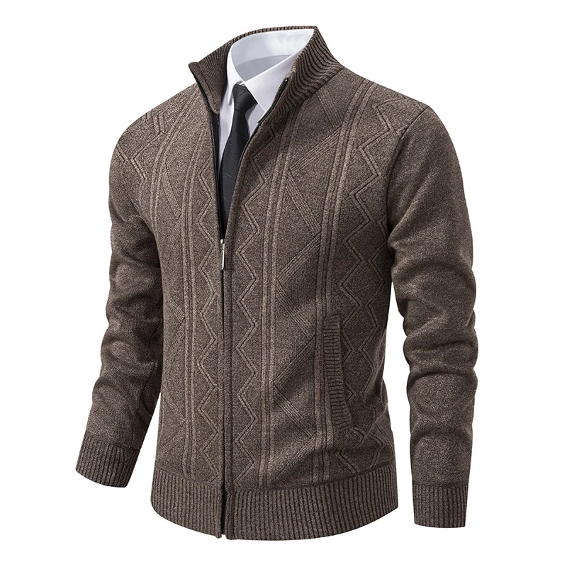 Herren Strukturiertes Feinstrick-Zipcardigan mit Stehkragen und geometrischem Zopfmuster Nord Taschen