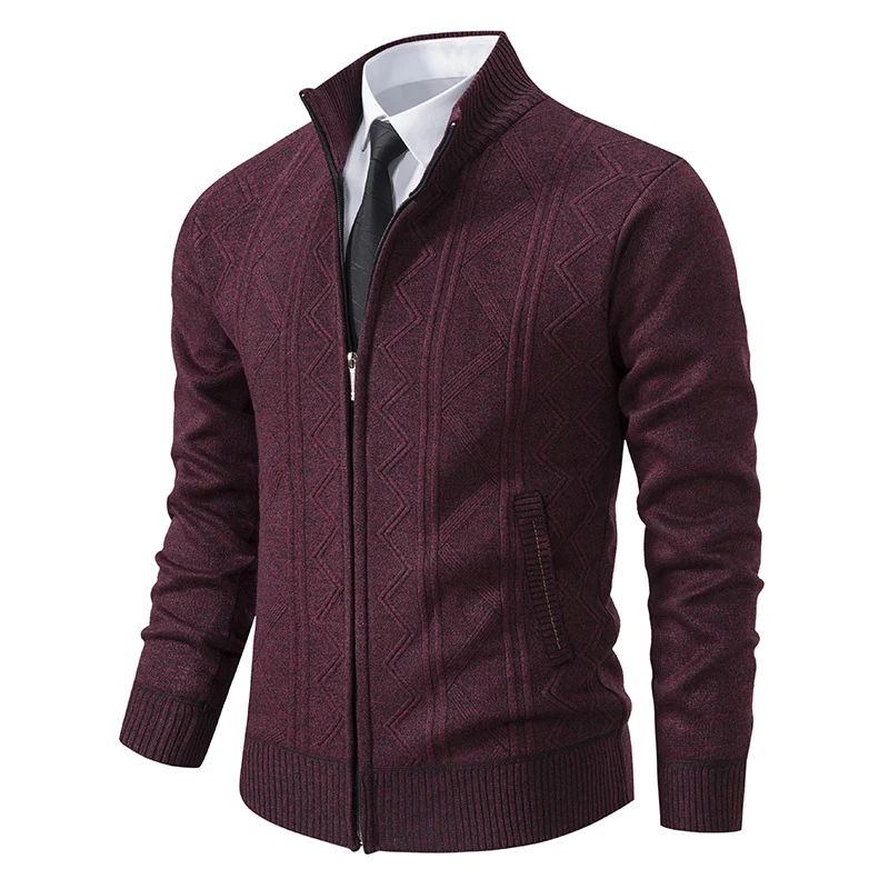 Herren Strukturiertes Feinstrick-Zipcardigan mit Stehkragen und geometrischem Zopfmuster Nord Taschen