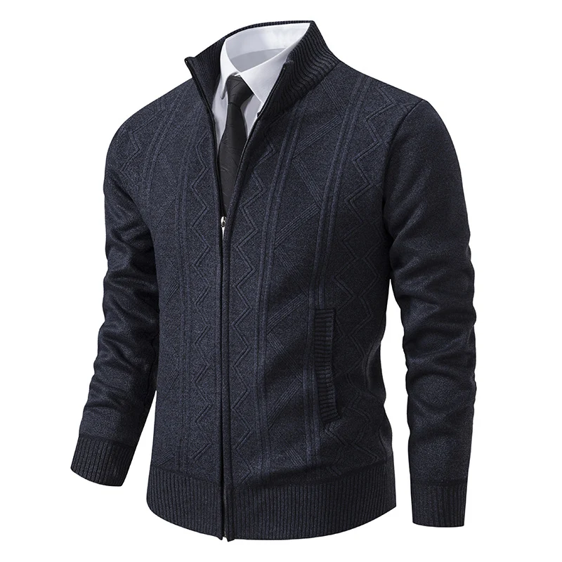 Herren Strukturiertes Feinstrick-Zipcardigan mit Stehkragen und geometrischem Zopfmuster Nord Taschen