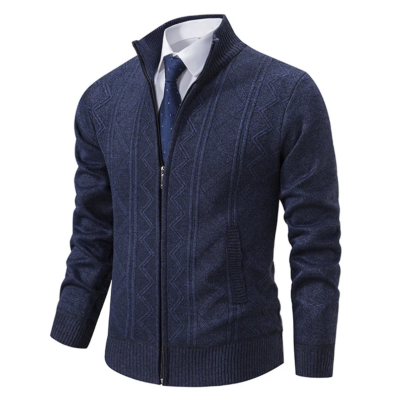 Herren Strukturiertes Feinstrick-Zipcardigan mit Stehkragen und geometrischem Zopfmuster Nord Taschen