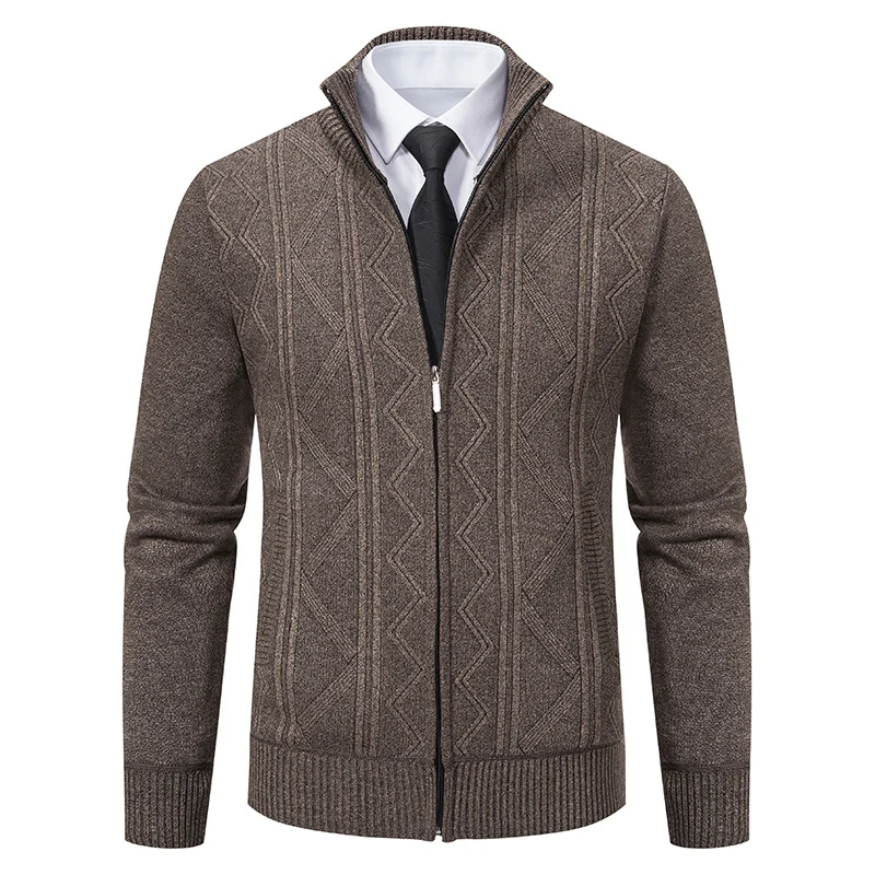 Herren Strukturiertes Feinstrick-Zipcardigan mit Stehkragen und geometrischem Zopfmuster Nord Taschen