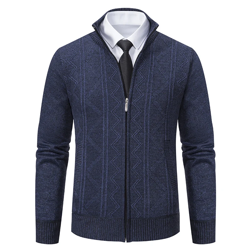 Herren Strukturiertes Feinstrick-Zipcardigan mit Stehkragen und geometrischem Zopfmuster Nord Taschen