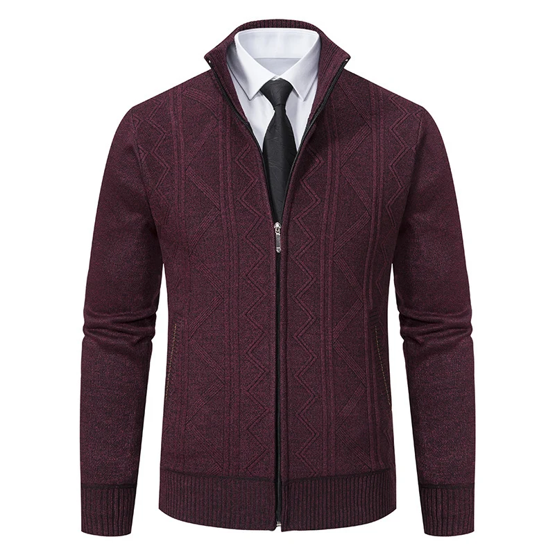Herren Strukturiertes Feinstrick-Zipcardigan mit Stehkragen und geometrischem Zopfmuster Nord Taschen