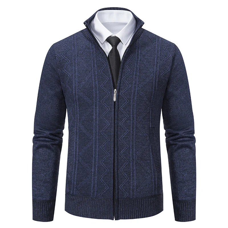 Herren Strukturiertes Feinstrick-Zipcardigan mit Stehkragen und geometrischem Zopfmuster Nord Taschen