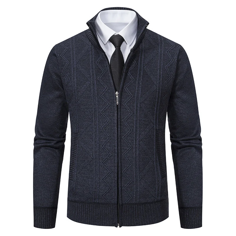 Herren Strukturiertes Feinstrick-Zipcardigan mit Stehkragen und geometrischem Zopfmuster Nord Taschen