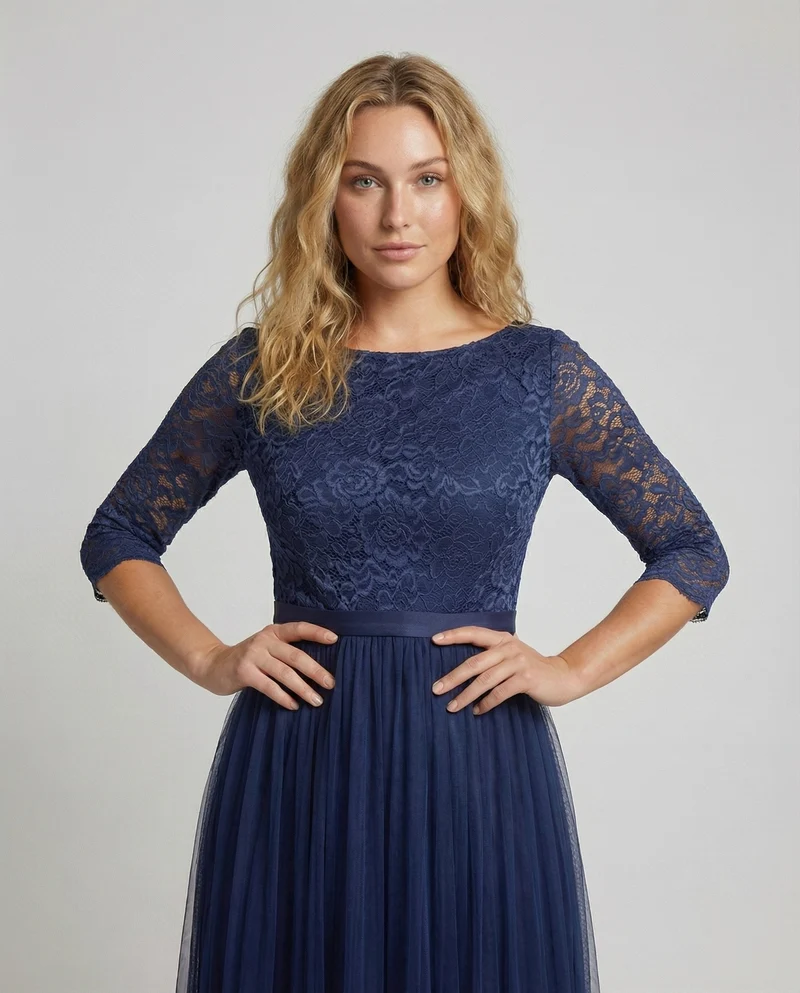 Damen Abendkleid Spitzenoberteil 3/4-Arm Tüllrock